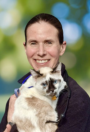 Dr. Cheryl Trempala smiles for a professional headshot against a blurred outdoor background while holding her gray and white cat. She wears a maroon quarter-zip and a stethoscope around her neck.