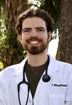 Dr. Eric Gibbons smiles outside in front of trees. He is wearing a black scrub top, his BluePearl whitecoat and has a stethoscope around his neck.