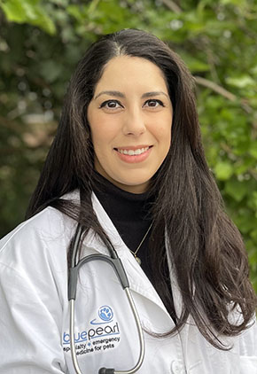 Dr. Andrea Plá smiles outside in front of a tree. She is wearing a black turtleneck, her BluePearl whitecoat and a stethoscope around her neck.