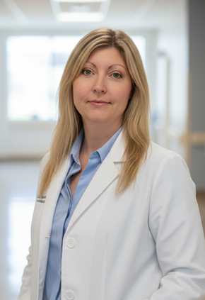 Dr. Katie O'Hearn smiles inside a white hospital hallway. She is wearing a light blue dress shirt and her BluePearl whitecoat.