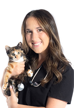Dr. Stephanie Clooten smiles in front of a white background for a professional studio photo. She is holding her calico cat, Bug and wearing a black scrub top with her stethoscope around her neck.
