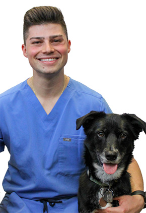 Dr. Nathan Zab smiles while sitting next to one of his two dogs. He is wearing light blue scrubs.