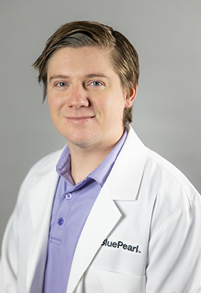 Dr. Tyler Rothka smiles for a professional headshot in front of a grey background. He is wearing a light blue dress shirt and his BluePearl white coat.