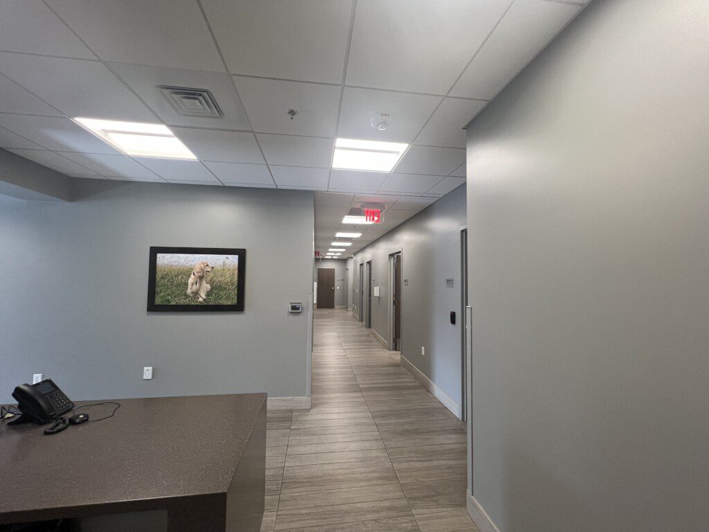 A view of the interior hallway at the BluePearl Pet Hospital in Renton, WA.