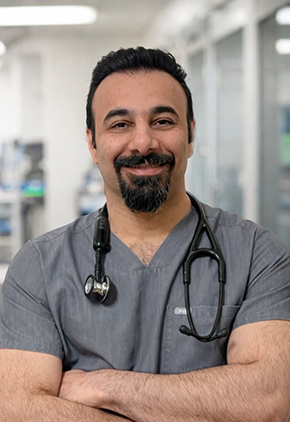 Dr. Dean Ahmadian smiles for a professional headshot in the triage area of BluePearl North Dallas. He is wearing grey scrubs, has a stethoscope around his neck and his arms are crossed in front of his chest.