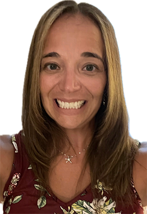 Dr. Kim Golden smiles for a headshot in front of a white background. She is wearing a maroon tank top that features white flowers.