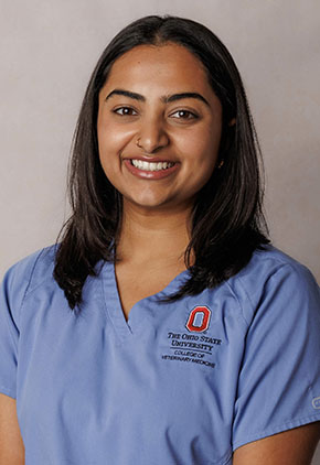 Dr. Sahana Prabhu smiles for a headshot in front of a tan background. She is wearing powder blue Ohio State scrubs.