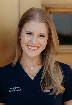 Dr. Shawn O'Brien smiles outside in front of a building. She is wearing black personalized scrubs.