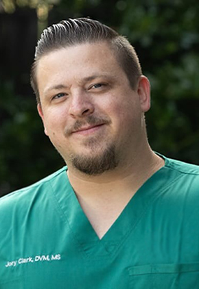 Dr. Jory Clark is outside, smiling softly. He is wearing seafoam green scrubs.