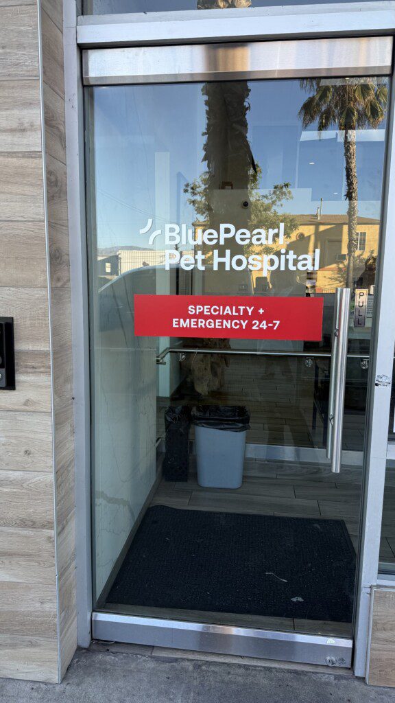A view of the front doors of the BluePearl Pet Hospital in Los Angeles, CA.