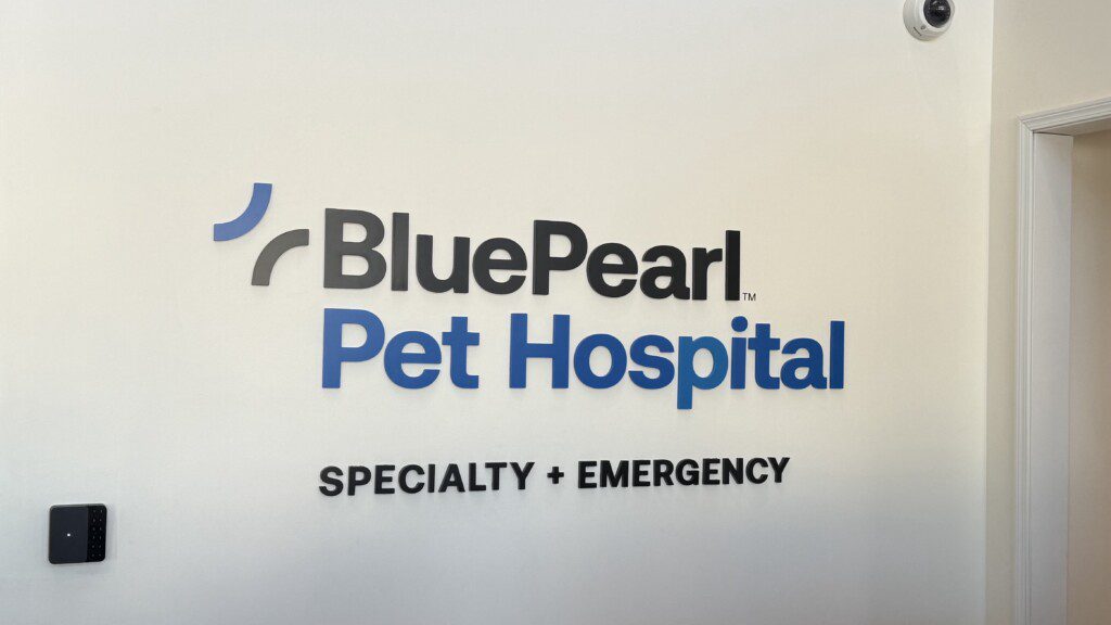 The image shows the brand sign and logo for the BluePearl Pet Hospital in Los Angeles, CA.