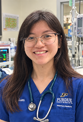 Dr. Joanna Lum smiles while in the triage room. She is wearing blue scrubs and has a stethoscope around her neck.