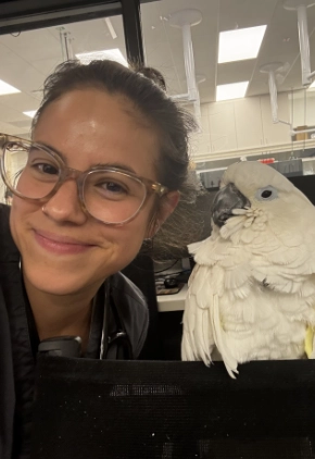 Dr. Elen Hernandez takes a selfie with a white parrot. She is wearing a black zip-up.